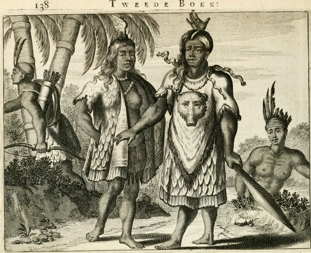 An illustration from De nieuwe en onbekende weereld, of, Beschryving van America en 't zuid-land : vervaetende d'oorsprong der Americaenen en zuid-landers, gedenkwaerdige togten derwaerds, gelegendheid der vaste kusten, eilanden, steden, sterkten, dorpen, tempels, bergen, fonteinen, stroomen, huisen, de natuur van beesten, boomen, planten en vreemde gewasschen, Gods-dienst en zeden, wonderlijke voorvallen, vereeuwde en nieuwe oorlogen: verciert met af-beeldsels na 't leven in America gemaekt,, 1671, leaf 171