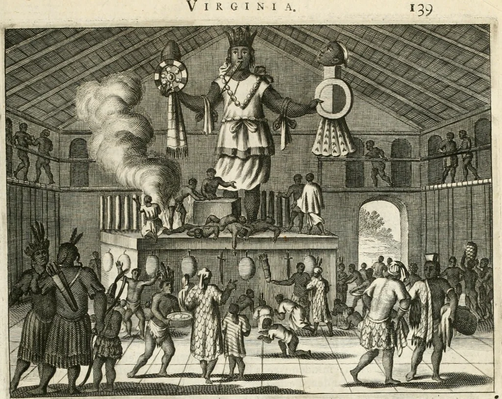 An illustration from De nieuwe en onbekende weereld, of, Beschryving van America en 't zuid-land : vervaetende d'oorsprong der Americaenen en zuid-landers, gedenkwaerdige togten derwaerds, gelegendheid der vaste kusten, eilanden, steden, sterkten, dorpen, tempels, bergen, fonteinen, stroomen, huisen, de natuur van beesten, boomen, planten en vreemde gewasschen, Gods-dienst en zeden, wonderlijke voorvallen, vereeuwde en nieuwe oorlogen: verciert met af-beeldsels na 't leven in America gemaekt,, 1671, leaf 172