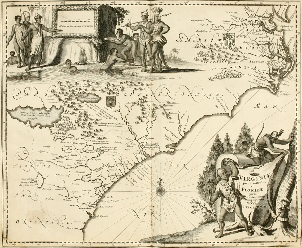 An illustration from De nieuwe en onbekende weereld, of, Beschryving van America en 't zuid-land : vervaetende d'oorsprong der Americaenen en zuid-landers, gedenkwaerdige togten derwaerds, gelegendheid der vaste kusten, eilanden, steden, sterkten, dorpen, tempels, bergen, fonteinen, stroomen, huisen, de natuur van beesten, boomen, planten en vreemde gewasschen, Gods-dienst en zeden, wonderlijke voorvallen, vereeuwde en nieuwe oorlogen: verciert met af-beeldsels na 't leven in America gemaekt,, 1671, leaf 177