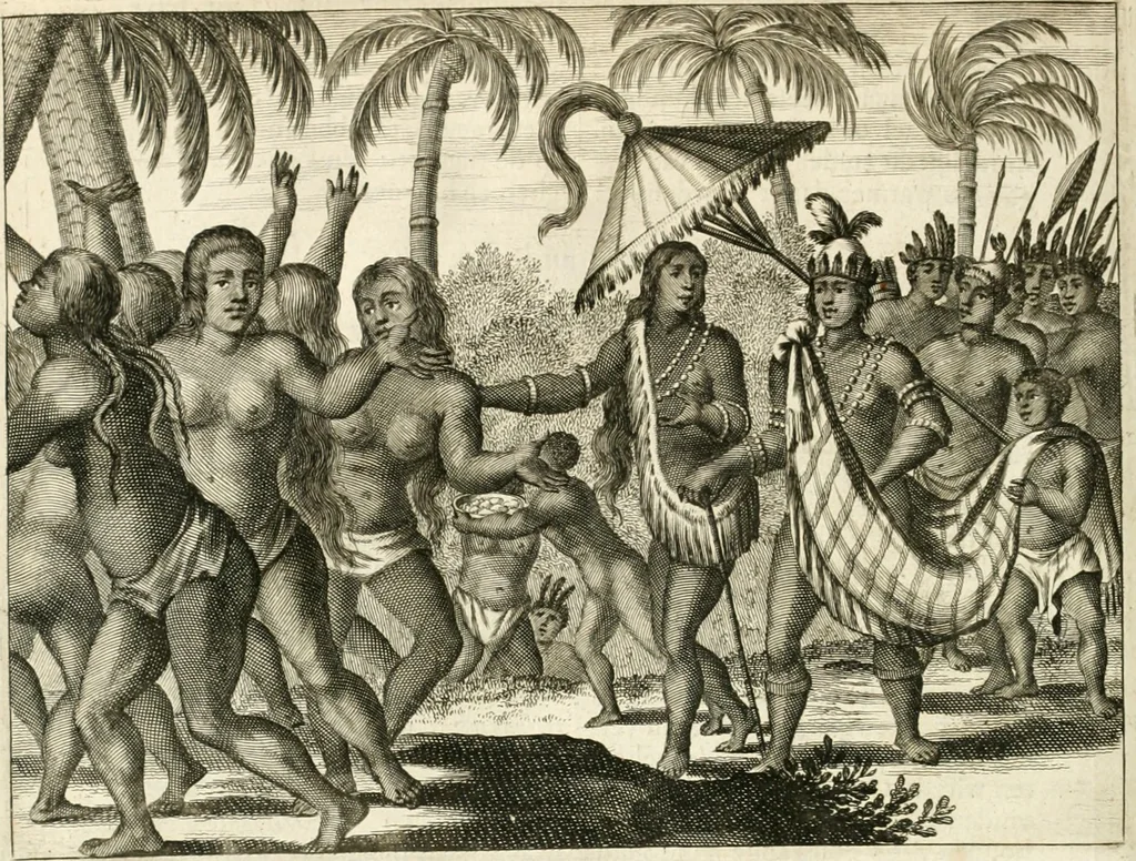 An illustration from De nieuwe en onbekende weereld, of, Beschryving van America en 't zuid-land : vervaetende d'oorsprong der Americaenen en zuid-landers, gedenkwaerdige togten derwaerds, gelegendheid der vaste kusten, eilanden, steden, sterkten, dorpen, tempels, bergen, fonteinen, stroomen, huisen, de natuur van beesten, boomen, planten en vreemde gewasschen, Gods-dienst en zeden, wonderlijke voorvallen, vereeuwde en nieuwe oorlogen: verciert met af-beeldsels na 't leven in America gemaekt,, 1671, leaf 179