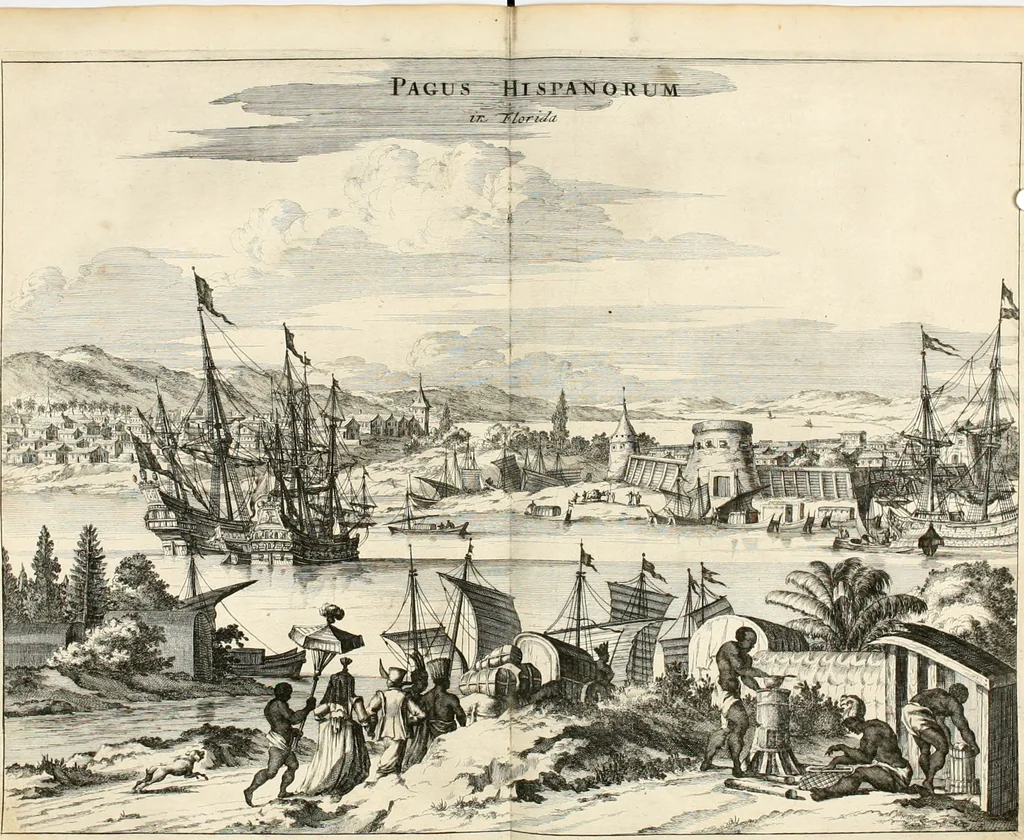 An illustration from De nieuwe en onbekende weereld, of, Beschryving van America en 't zuid-land : vervaetende d'oorsprong der Americaenen en zuid-landers, gedenkwaerdige togten derwaerds, gelegendheid der vaste kusten, eilanden, steden, sterkten, dorpen, tempels, bergen, fonteinen, stroomen, huisen, de natuur van beesten, boomen, planten en vreemde gewasschen, Gods-dienst en zeden, wonderlijke voorvallen, vereeuwde en nieuwe oorlogen: verciert met af-beeldsels na 't leven in America gemaekt,, 1671, leaf 185