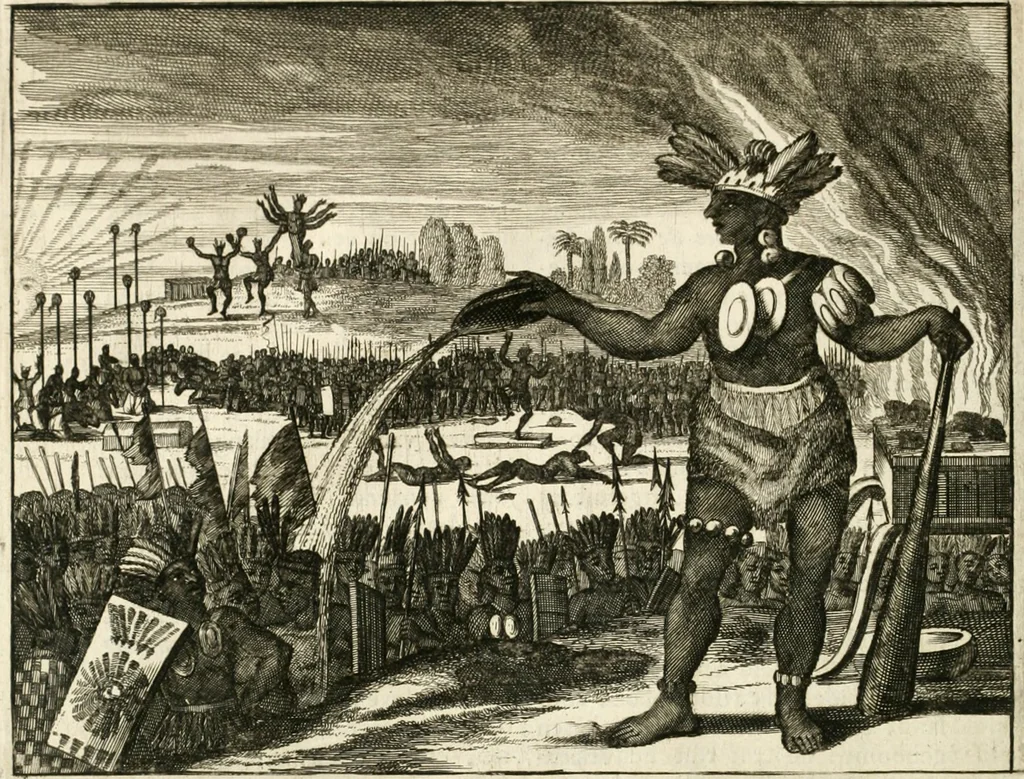 An illustration from De nieuwe en onbekende weereld, of, Beschryving van America en 't zuid-land : vervaetende d'oorsprong der Americaenen en zuid-landers, gedenkwaerdige togten derwaerds, gelegendheid der vaste kusten, eilanden, steden, sterkten, dorpen, tempels, bergen, fonteinen, stroomen, huisen, de natuur van beesten, boomen, planten en vreemde gewasschen, Gods-dienst en zeden, wonderlijke voorvallen, vereeuwde en nieuwe oorlogen: verciert met af-beeldsels na 't leven in America gemaekt,, 1671, leaf 187