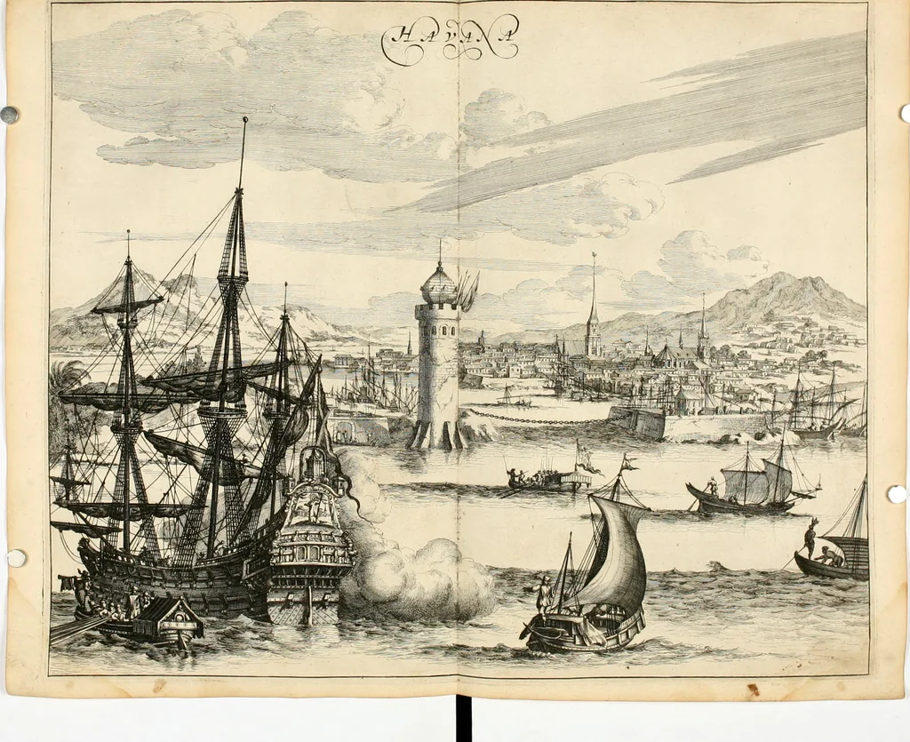 An illustration from De nieuwe en onbekende weereld, of, Beschryving van America en 't zuid-land : vervaetende d'oorsprong der Americaenen en zuid-landers, gedenkwaerdige togten derwaerds, gelegendheid der vaste kusten, eilanden, steden, sterkten, dorpen, tempels, bergen, fonteinen, stroomen, huisen, de natuur van beesten, boomen, planten en vreemde gewasschen, Gods-dienst en zeden, wonderlijke voorvallen, vereeuwde en nieuwe oorlogen: verciert met af-beeldsels na 't leven in America gemaekt,, 1671, leaf 193