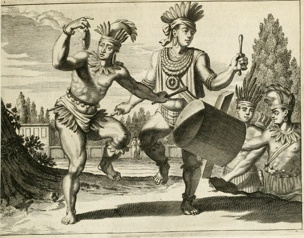 An illustration from De nieuwe en onbekende weereld, of, Beschryving van America en 't zuid-land : vervaetende d'oorsprong der Americaenen en zuid-landers, gedenkwaerdige togten derwaerds, gelegendheid der vaste kusten, eilanden, steden, sterkten, dorpen, tempels, bergen, fonteinen, stroomen, huisen, de natuur van beesten, boomen, planten en vreemde gewasschen, Gods-dienst en zeden, wonderlijke voorvallen, vereeuwde en nieuwe oorlogen: verciert met af-beeldsels na 't leven in America gemaekt,, 1671, leaf 198