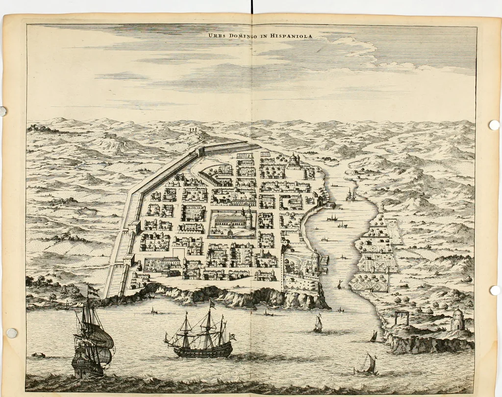 An illustration from De nieuwe en onbekende weereld, of, Beschryving van America en 't zuid-land : vervaetende d'oorsprong der Americaenen en zuid-landers, gedenkwaerdige togten derwaerds, gelegendheid der vaste kusten, eilanden, steden, sterkten, dorpen, tempels, bergen, fonteinen, stroomen, huisen, de natuur van beesten, boomen, planten en vreemde gewasschen, Gods-dienst en zeden, wonderlijke voorvallen, vereeuwde en nieuwe oorlogen: verciert met af-beeldsels na 't leven in America gemaekt,, 1671, leaf 201