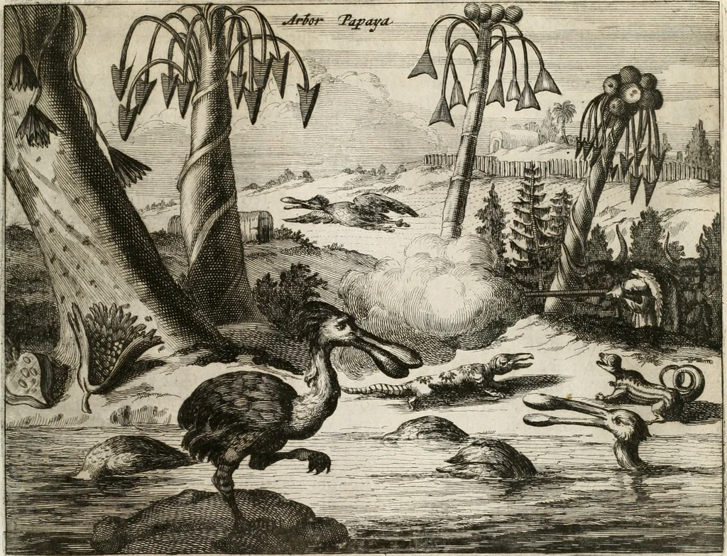 An illustration from De nieuwe en onbekende weereld, of, Beschryving van America en 't zuid-land : vervaetende d'oorsprong der Americaenen en zuid-landers, gedenkwaerdige togten derwaerds, gelegendheid der vaste kusten, eilanden, steden, sterkten, dorpen, tempels, bergen, fonteinen, stroomen, huisen, de natuur van beesten, boomen, planten en vreemde gewasschen, Gods-dienst en zeden, wonderlijke voorvallen, vereeuwde en nieuwe oorlogen: verciert met af-beeldsels na 't leven in America gemaekt,, 1671, leaf 236