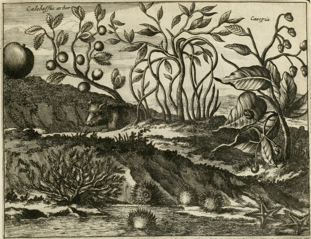 An illustration from De nieuwe en onbekende weereld, of, Beschryving van America en 't zuid-land : vervaetende d'oorsprong der Americaenen en zuid-landers, gedenkwaerdige togten derwaerds, gelegendheid der vaste kusten, eilanden, steden, sterkten, dorpen, tempels, bergen, fonteinen, stroomen, huisen, de natuur van beesten, boomen, planten en vreemde gewasschen, Gods-dienst en zeden, wonderlijke voorvallen, vereeuwde en nieuwe oorlogen: verciert met af-beeldsels na 't leven in America gemaekt,, 1671, leaf 238