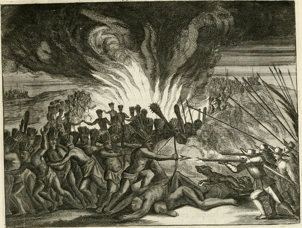 An illustration from De nieuwe en onbekende weereld, of, Beschryving van America en 't zuid-land : vervaetende d'oorsprong der Americaenen en zuid-landers, gedenkwaerdige togten derwaerds, gelegendheid der vaste kusten, eilanden, steden, sterkten, dorpen, tempels, bergen, fonteinen, stroomen, huisen, de natuur van beesten, boomen, planten en vreemde gewasschen, Gods-dienst en zeden, wonderlijke voorvallen, vereeuwde en nieuwe oorlogen: verciert met af-beeldsels na 't leven in America gemaekt,, 1671, leaf 256