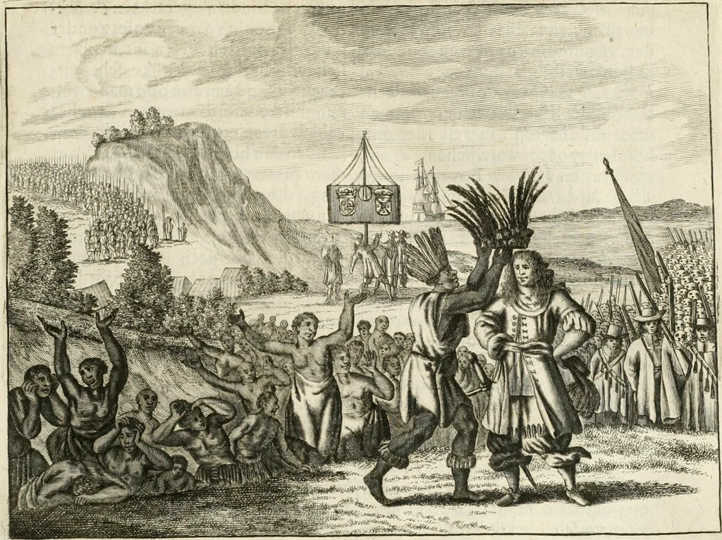 An illustration from De nieuwe en onbekende weereld, of, Beschryving van America en 't zuid-land : vervaetende d'oorsprong der Americaenen en zuid-landers, gedenkwaerdige togten derwaerds, gelegendheid der vaste kusten, eilanden, steden, sterkten, dorpen, tempels, bergen, fonteinen, stroomen, huisen, de natuur van beesten, boomen, planten en vreemde gewasschen, Gods-dienst en zeden, wonderlijke voorvallen, vereeuwde en nieuwe oorlogen: verciert met af-beeldsels na 't leven in America gemaekt,, 1671, leaf 262