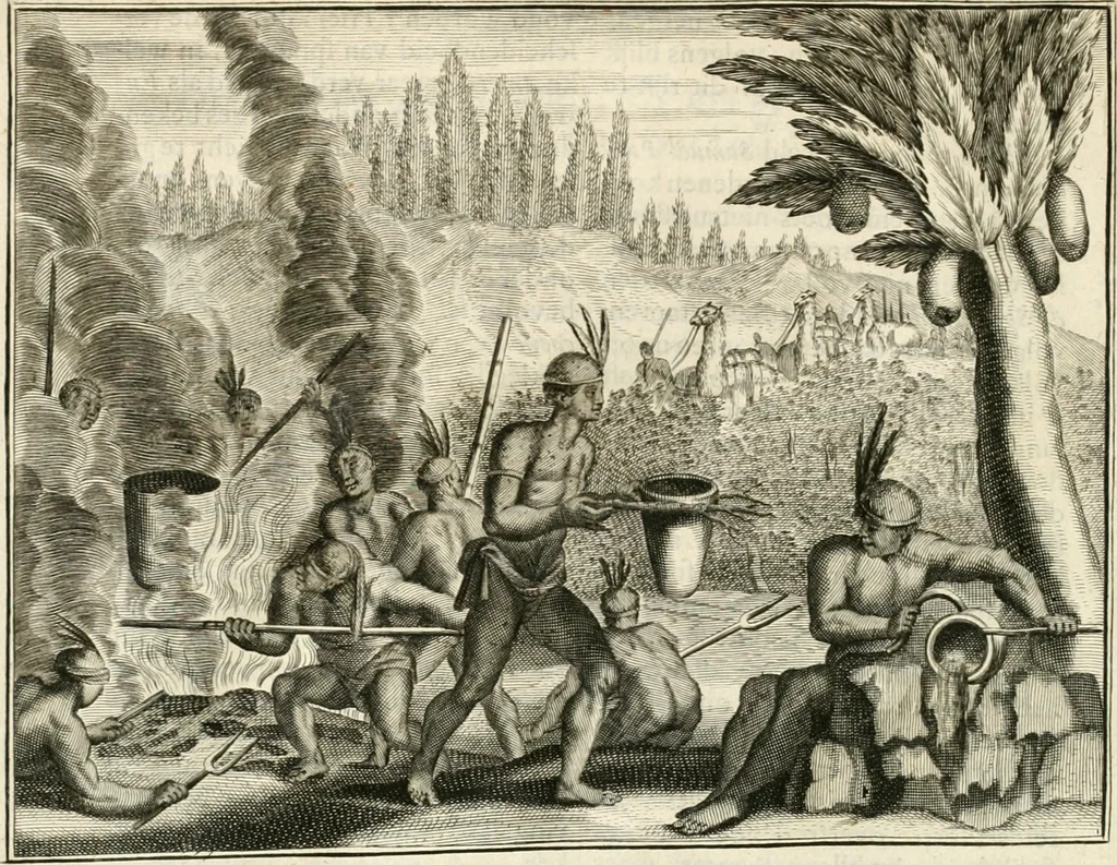 An illustration from De nieuwe en onbekende weereld, of, Beschryving van America en 't zuid-land : vervaetende d'oorsprong der Americaenen en zuid-landers, gedenkwaerdige togten derwaerds, gelegendheid der vaste kusten, eilanden, steden, sterkten, dorpen, tempels, bergen, fonteinen, stroomen, huisen, de natuur van beesten, boomen, planten en vreemde gewasschen, Gods-dienst en zeden, wonderlijke voorvallen, vereeuwde en nieuwe oorlogen: verciert met af-beeldsels na 't leven in America gemaekt,, 1671, leaf 27