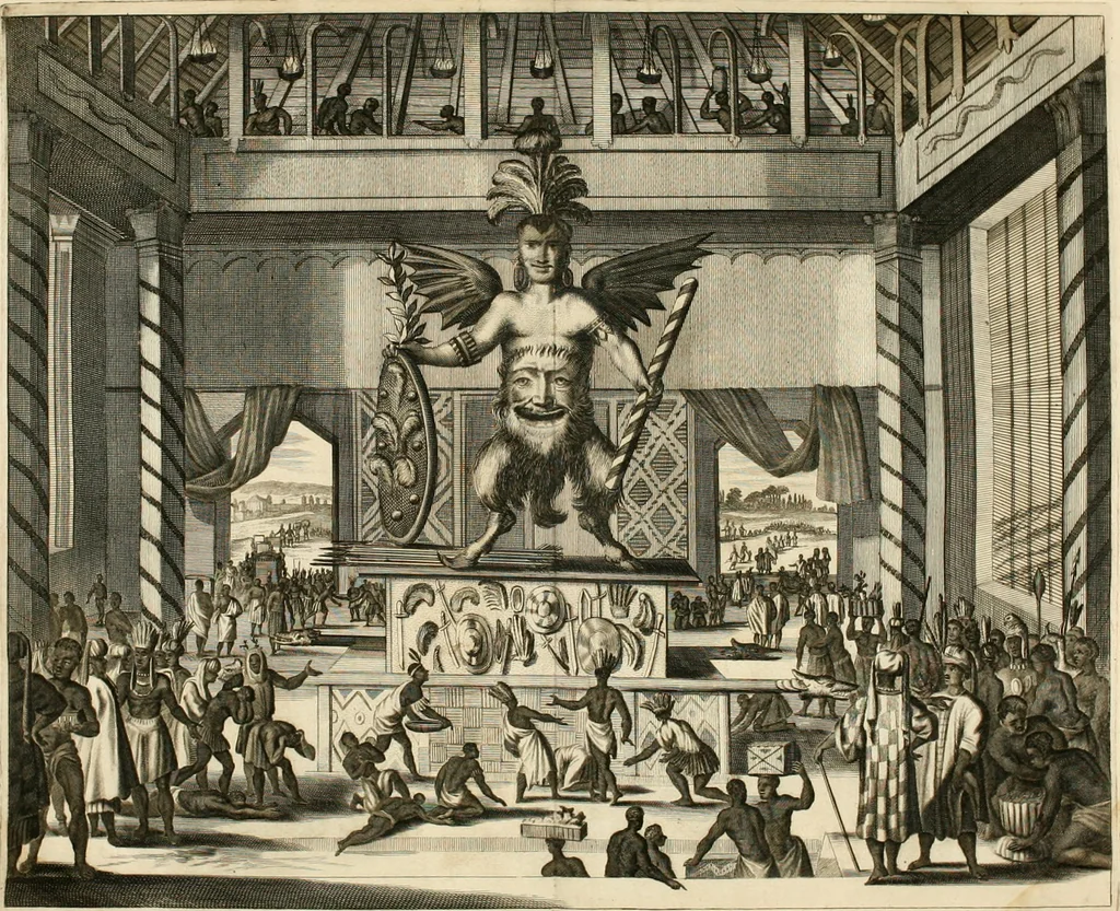 An illustration from De nieuwe en onbekende weereld, of, Beschryving van America en 't zuid-land : vervaetende d'oorsprong der Americaenen en zuid-landers, gedenkwaerdige togten derwaerds, gelegendheid der vaste kusten, eilanden, steden, sterkten, dorpen, tempels, bergen, fonteinen, stroomen, huisen, de natuur van beesten, boomen, planten en vreemde gewasschen, Gods-dienst en zeden, wonderlijke voorvallen, vereeuwde en nieuwe oorlogen: verciert met af-beeldsels na 't leven in America gemaekt,, 1671, leaf 271
