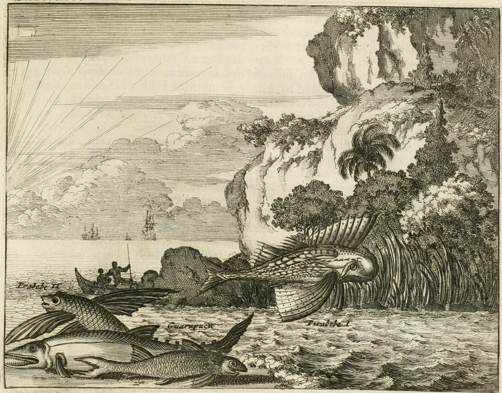 An illustration from De nieuwe en onbekende weereld, of, Beschryving van America en 't zuid-land : vervaetende d'oorsprong der Americaenen en zuid-landers, gedenkwaerdige togten derwaerds, gelegendheid der vaste kusten, eilanden, steden, sterkten, dorpen, tempels, bergen, fonteinen, stroomen, huisen, de natuur van beesten, boomen, planten en vreemde gewasschen, Gods-dienst en zeden, wonderlijke voorvallen, vereeuwde en nieuwe oorlogen: verciert met af-beeldsels na 't leven in America gemaekt,, 1671, leaf 278