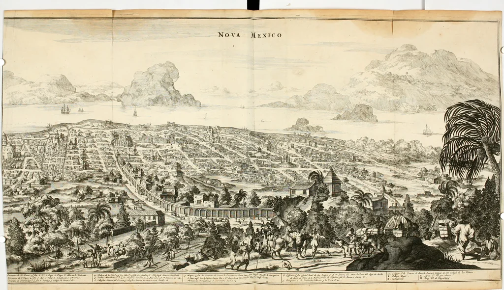 An illustration from De nieuwe en onbekende weereld, of, Beschryving van America en 't zuid-land : vervaetende d'oorsprong der Americaenen en zuid-landers, gedenkwaerdige togten derwaerds, gelegendheid der vaste kusten, eilanden, steden, sterkten, dorpen, tempels, bergen, fonteinen, stroomen, huisen, de natuur van beesten, boomen, planten en vreemde gewasschen, Gods-dienst en zeden, wonderlijke voorvallen, vereeuwde en nieuwe oorlogen: verciert met af-beeldsels na 't leven in America gemaekt,, 1671, leaf 287