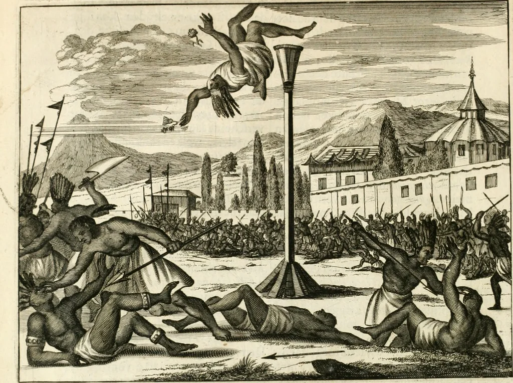 An illustration from De nieuwe en onbekende weereld, of, Beschryving van America en 't zuid-land : vervaetende d'oorsprong der Americaenen en zuid-landers, gedenkwaerdige togten derwaerds, gelegendheid der vaste kusten, eilanden, steden, sterkten, dorpen, tempels, bergen, fonteinen, stroomen, huisen, de natuur van beesten, boomen, planten en vreemde gewasschen, Gods-dienst en zeden, wonderlijke voorvallen, vereeuwde en nieuwe oorlogen: verciert met af-beeldsels na 't leven in America gemaekt,, 1671, leaf 297