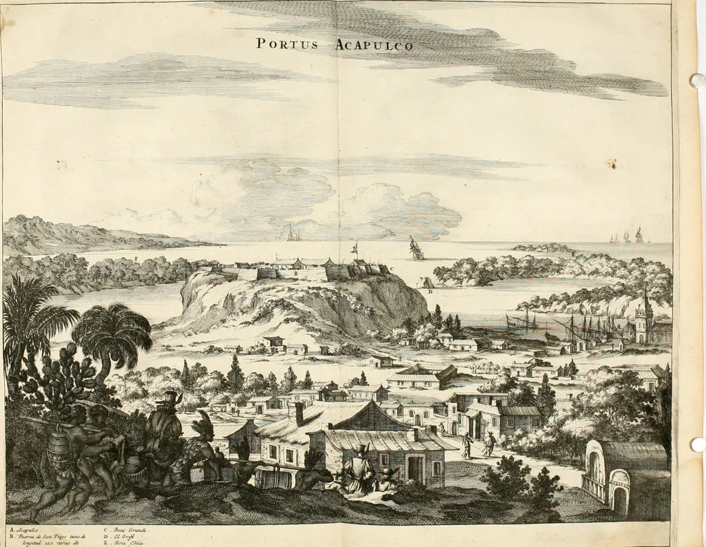 An illustration from De nieuwe en onbekende weereld, of, Beschryving van America en 't zuid-land : vervaetende d'oorsprong der Americaenen en zuid-landers, gedenkwaerdige togten derwaerds, gelegendheid der vaste kusten, eilanden, steden, sterkten, dorpen, tempels, bergen, fonteinen, stroomen, huisen, de natuur van beesten, boomen, planten en vreemde gewasschen, Gods-dienst en zeden, wonderlijke voorvallen, vereeuwde en nieuwe oorlogen: verciert met af-beeldsels na 't leven in America gemaekt,, 1671, leaf 305