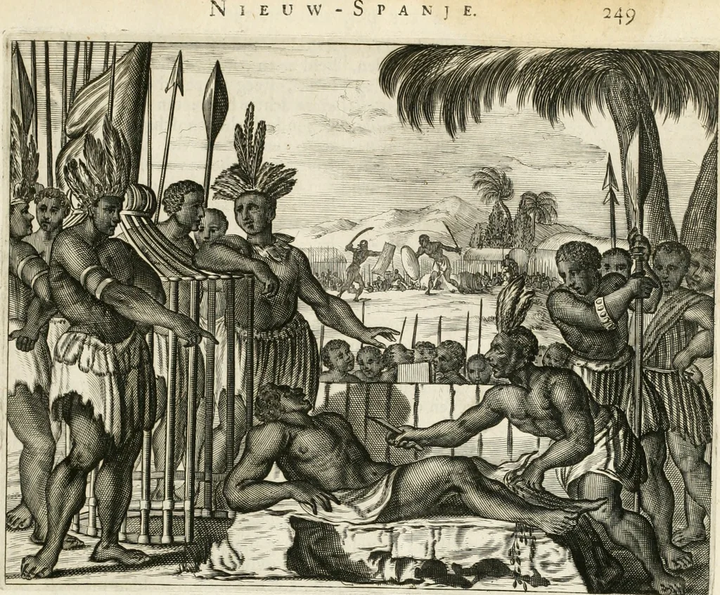 An illustration from De nieuwe en onbekende weereld, of, Beschryving van America en 't zuid-land : vervaetende d'oorsprong der Americaenen en zuid-landers, gedenkwaerdige togten derwaerds, gelegendheid der vaste kusten, eilanden, steden, sterkten, dorpen, tempels, bergen, fonteinen, stroomen, huisen, de natuur van beesten, boomen, planten en vreemde gewasschen, Gods-dienst en zeden, wonderlijke voorvallen, vereeuwde en nieuwe oorlogen: verciert met af-beeldsels na 't leven in America gemaekt,, 1671, leaf 308