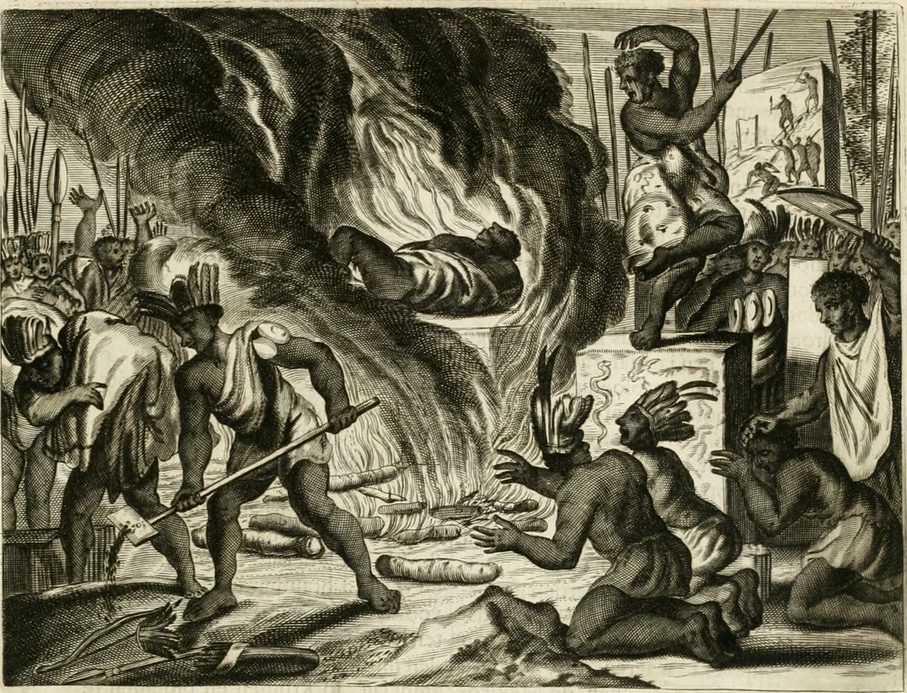 An illustration from De nieuwe en onbekende weereld, of, Beschryving van America en 't zuid-land : vervaetende d'oorsprong der Americaenen en zuid-landers, gedenkwaerdige togten derwaerds, gelegendheid der vaste kusten, eilanden, steden, sterkten, dorpen, tempels, bergen, fonteinen, stroomen, huisen, de natuur van beesten, boomen, planten en vreemde gewasschen, Gods-dienst en zeden, wonderlijke voorvallen, vereeuwde en nieuwe oorlogen: verciert met af-beeldsels na 't leven in America gemaekt,, 1671, leaf 324