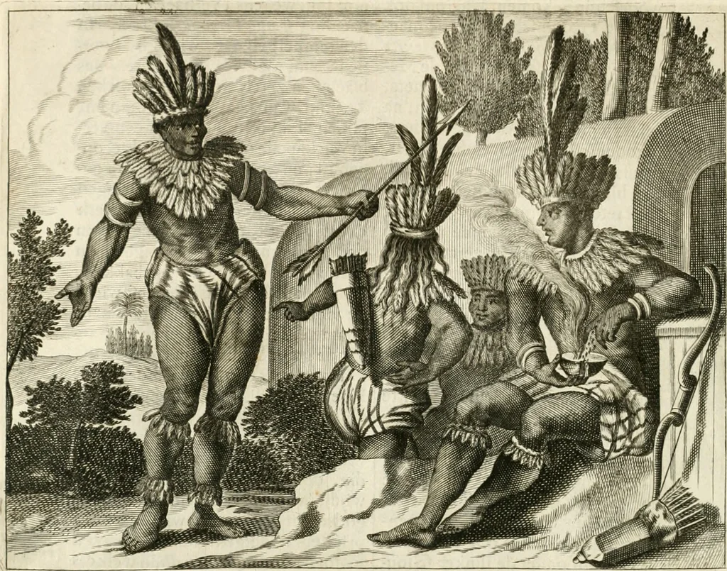 An illustration from De nieuwe en onbekende weereld, of, Beschryving van America en 't zuid-land : vervaetende d'oorsprong der Americaenen en zuid-landers, gedenkwaerdige togten derwaerds, gelegendheid der vaste kusten, eilanden, steden, sterkten, dorpen, tempels, bergen, fonteinen, stroomen, huisen, de natuur van beesten, boomen, planten en vreemde gewasschen, Gods-dienst en zeden, wonderlijke voorvallen, vereeuwde en nieuwe oorlogen: verciert met af-beeldsels na 't leven in America gemaekt,, 1671, leaf 327