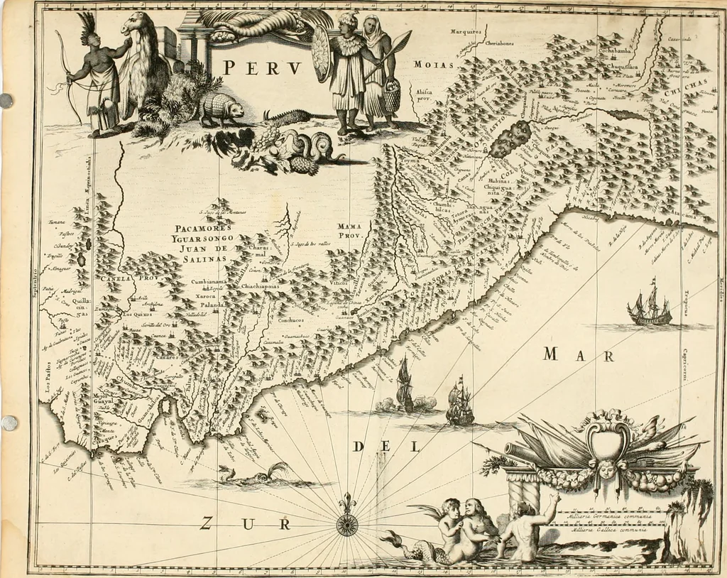 An illustration from De nieuwe en onbekende weereld, of, Beschryving van America en 't zuid-land : vervaetende d'oorsprong der Americaenen en zuid-landers, gedenkwaerdige togten derwaerds, gelegendheid der vaste kusten, eilanden, steden, sterkten, dorpen, tempels, bergen, fonteinen, stroomen, huisen, de natuur van beesten, boomen, planten en vreemde gewasschen, Gods-dienst en zeden, wonderlijke voorvallen, vereeuwde en nieuwe oorlogen: verciert met af-beeldsels na 't leven in America gemaekt,, 1671, leaf 365