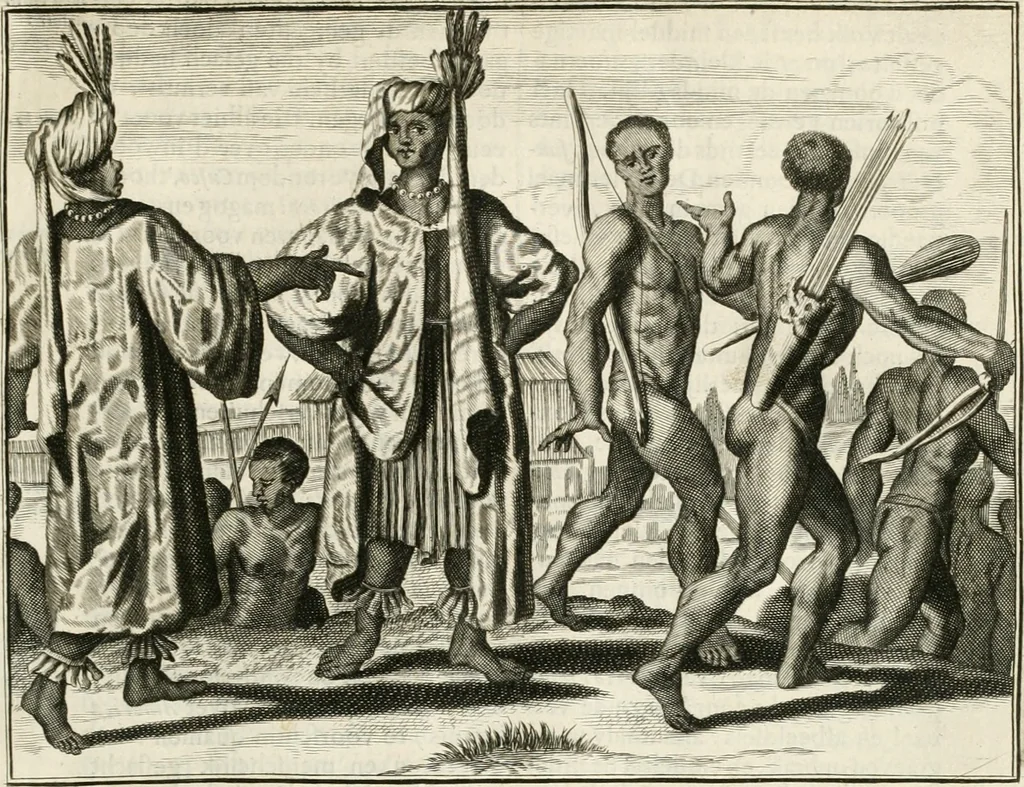 An illustration from De nieuwe en onbekende weereld, of, Beschryving van America en 't zuid-land : vervaetende d'oorsprong der Americaenen en zuid-landers, gedenkwaerdige togten derwaerds, gelegendheid der vaste kusten, eilanden, steden, sterkten, dorpen, tempels, bergen, fonteinen, stroomen, huisen, de natuur van beesten, boomen, planten en vreemde gewasschen, Gods-dienst en zeden, wonderlijke voorvallen, vereeuwde en nieuwe oorlogen: verciert met af-beeldsels na 't leven in America gemaekt,, 1671, leaf 368