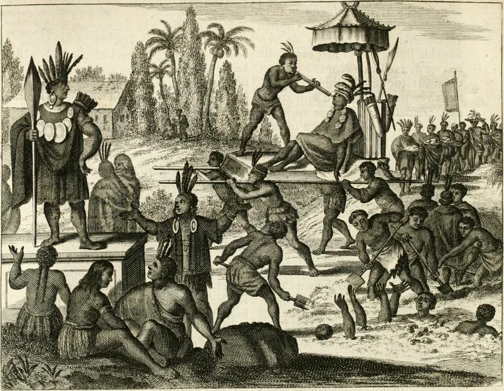 An illustration from De nieuwe en onbekende weereld, of, Beschryving van America en 't zuid-land : vervaetende d'oorsprong der Americaenen en zuid-landers, gedenkwaerdige togten derwaerds, gelegendheid der vaste kusten, eilanden, steden, sterkten, dorpen, tempels, bergen, fonteinen, stroomen, huisen, de natuur van beesten, boomen, planten en vreemde gewasschen, Gods-dienst en zeden, wonderlijke voorvallen, vereeuwde en nieuwe oorlogen: verciert met af-beeldsels na 't leven in America gemaekt,, 1671, leaf 375