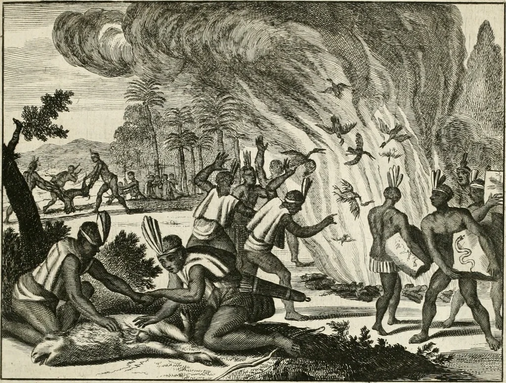 An illustration from De nieuwe en onbekende weereld, of, Beschryving van America en 't zuid-land : vervaetende d'oorsprong der Americaenen en zuid-landers, gedenkwaerdige togten derwaerds, gelegendheid der vaste kusten, eilanden, steden, sterkten, dorpen, tempels, bergen, fonteinen, stroomen, huisen, de natuur van beesten, boomen, planten en vreemde gewasschen, Gods-dienst en zeden, wonderlijke voorvallen, vereeuwde en nieuwe oorlogen: verciert met af-beeldsels na 't leven in America gemaekt,, 1671, leaf 380