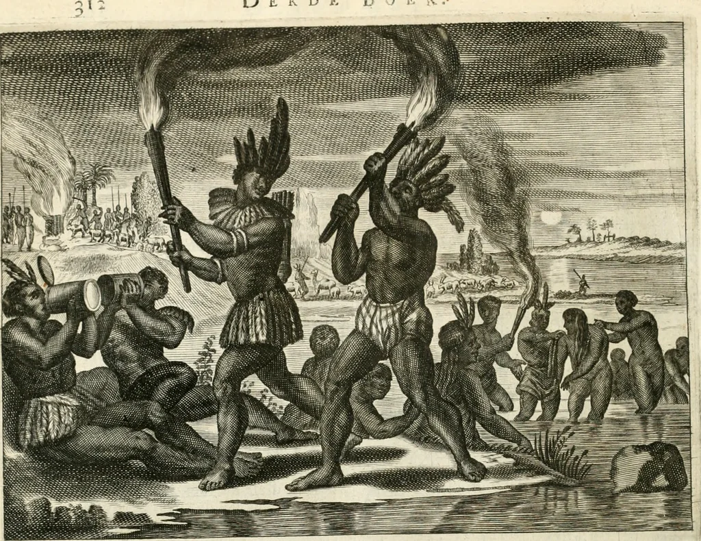 An illustration from De nieuwe en onbekende weereld, of, Beschryving van America en 't zuid-land : vervaetende d'oorsprong der Americaenen en zuid-landers, gedenkwaerdige togten derwaerds, gelegendheid der vaste kusten, eilanden, steden, sterkten, dorpen, tempels, bergen, fonteinen, stroomen, huisen, de natuur van beesten, boomen, planten en vreemde gewasschen, Gods-dienst en zeden, wonderlijke voorvallen, vereeuwde en nieuwe oorlogen: verciert met af-beeldsels na 't leven in America gemaekt,, 1671, leaf 383