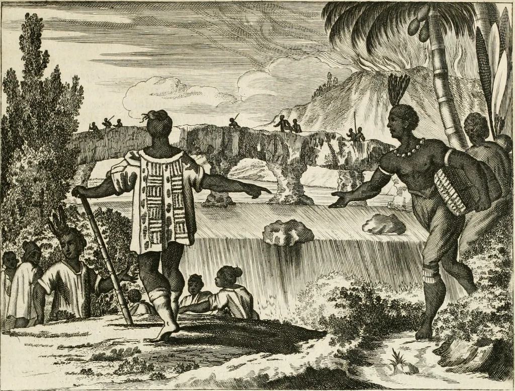 An illustration from De nieuwe en onbekende weereld, of, Beschryving van America en 't zuid-land : vervaetende d'oorsprong der Americaenen en zuid-landers, gedenkwaerdige togten derwaerds, gelegendheid der vaste kusten, eilanden, steden, sterkten, dorpen, tempels, bergen, fonteinen, stroomen, huisen, de natuur van beesten, boomen, planten en vreemde gewasschen, Gods-dienst en zeden, wonderlijke voorvallen, vereeuwde en nieuwe oorlogen: verciert met af-beeldsels na 't leven in America gemaekt,, 1671, leaf 398