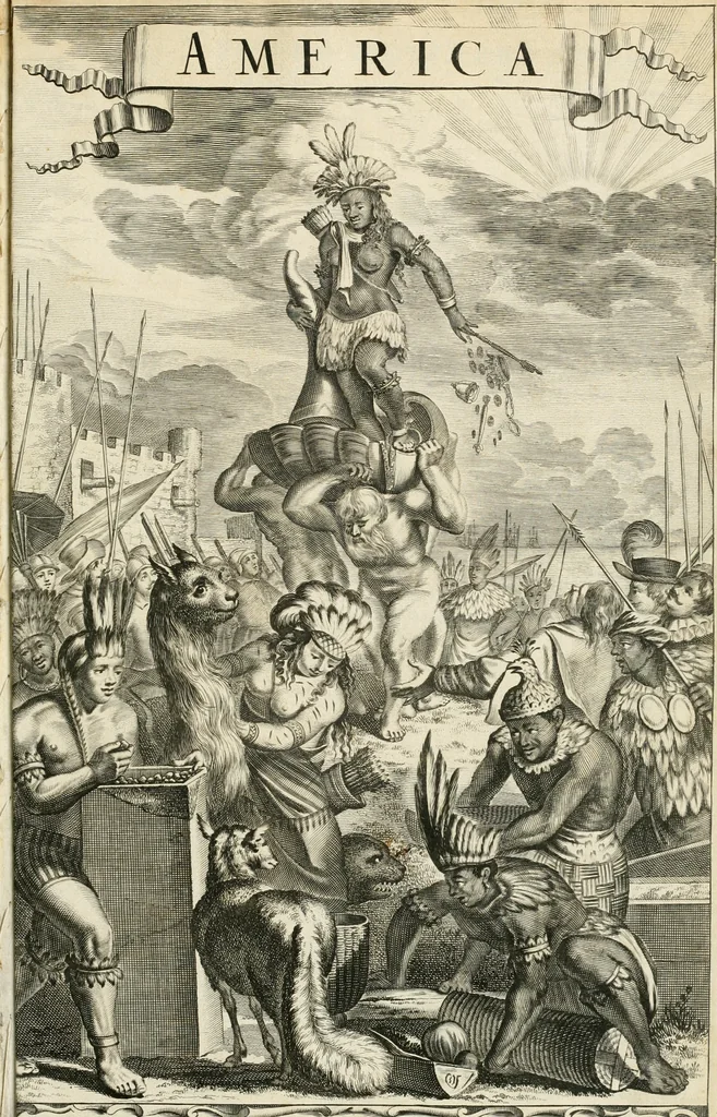 An illustration from De nieuwe en onbekende weereld, of, Beschryving van America en 't zuid-land : vervaetende d'oorsprong der Americaenen en zuid-landers, gedenkwaerdige togten derwaerds, gelegendheid der vaste kusten, eilanden, steden, sterkten, dorpen, tempels, bergen, fonteinen, stroomen, huisen, de natuur van beesten, boomen, planten en vreemde gewasschen, Gods-dienst en zeden, wonderlijke voorvallen, vereeuwde en nieuwe oorlogen: verciert met af-beeldsels na 't leven in America gemaekt,, 1671, leaf 4