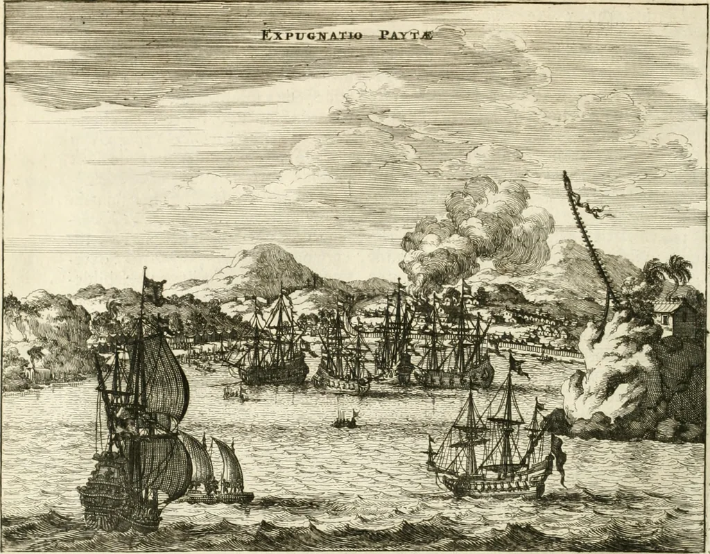 An illustration from De nieuwe en onbekende weereld, of, Beschryving van America en 't zuid-land : vervaetende d'oorsprong der Americaenen en zuid-landers, gedenkwaerdige togten derwaerds, gelegendheid der vaste kusten, eilanden, steden, sterkten, dorpen, tempels, bergen, fonteinen, stroomen, huisen, de natuur van beesten, boomen, planten en vreemde gewasschen, Gods-dienst en zeden, wonderlijke voorvallen, vereeuwde en nieuwe oorlogen: verciert met af-beeldsels na 't leven in America gemaekt,, 1671, leaf 401