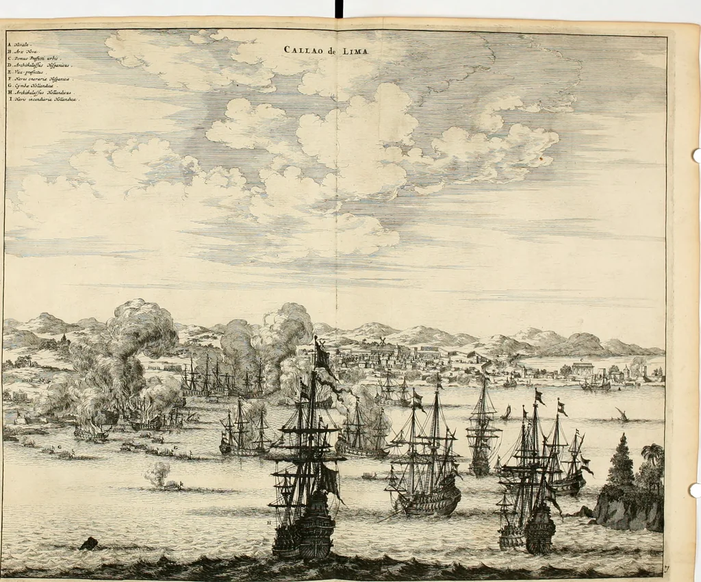An illustration from De nieuwe en onbekende weereld, of, Beschryving van America en 't zuid-land : vervaetende d'oorsprong der Americaenen en zuid-landers, gedenkwaerdige togten derwaerds, gelegendheid der vaste kusten, eilanden, steden, sterkten, dorpen, tempels, bergen, fonteinen, stroomen, huisen, de natuur van beesten, boomen, planten en vreemde gewasschen, Gods-dienst en zeden, wonderlijke voorvallen, vereeuwde en nieuwe oorlogen: verciert met af-beeldsels na 't leven in America gemaekt,, 1671, leaf 413