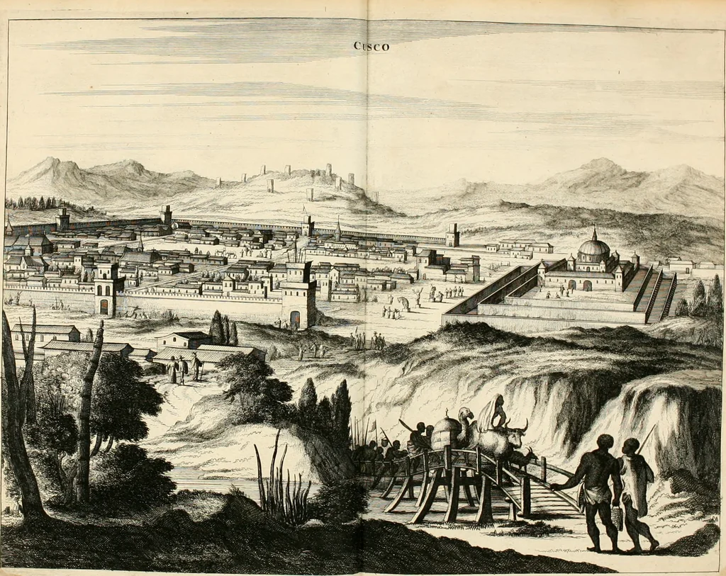 An illustration from De nieuwe en onbekende weereld, of, Beschryving van America en 't zuid-land : vervaetende d'oorsprong der Americaenen en zuid-landers, gedenkwaerdige togten derwaerds, gelegendheid der vaste kusten, eilanden, steden, sterkten, dorpen, tempels, bergen, fonteinen, stroomen, huisen, de natuur van beesten, boomen, planten en vreemde gewasschen, Gods-dienst en zeden, wonderlijke voorvallen, vereeuwde en nieuwe oorlogen: verciert met af-beeldsels na 't leven in America gemaekt,, 1671, leaf 419
