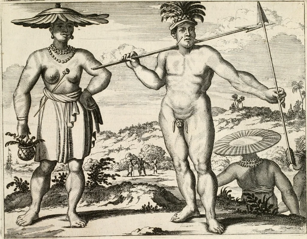 An illustration from De nieuwe en onbekende weereld, of, Beschryving van America en 't zuid-land : vervaetende d'oorsprong der Americaenen en zuid-landers, gedenkwaerdige togten derwaerds, gelegendheid der vaste kusten, eilanden, steden, sterkten, dorpen, tempels, bergen, fonteinen, stroomen, huisen, de natuur van beesten, boomen, planten en vreemde gewasschen, Gods-dienst en zeden, wonderlijke voorvallen, vereeuwde en nieuwe oorlogen: verciert met af-beeldsels na 't leven in America gemaekt,, 1671, leaf 440