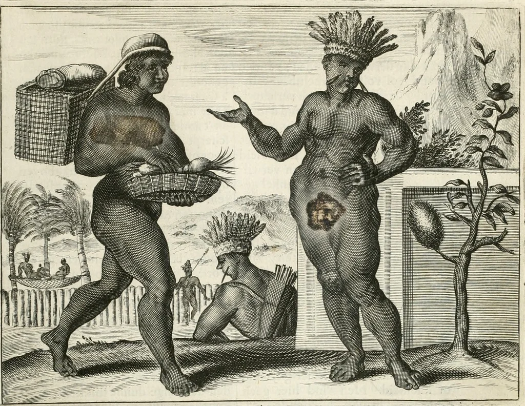 An illustration from De nieuwe en onbekende weereld, of, Beschryving van America en 't zuid-land : vervaetende d'oorsprong der Americaenen en zuid-landers, gedenkwaerdige togten derwaerds, gelegendheid der vaste kusten, eilanden, steden, sterkten, dorpen, tempels, bergen, fonteinen, stroomen, huisen, de natuur van beesten, boomen, planten en vreemde gewasschen, Gods-dienst en zeden, wonderlijke voorvallen, vereeuwde en nieuwe oorlogen: verciert met af-beeldsels na 't leven in America gemaekt,, 1671, leaf 444