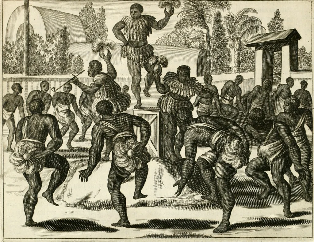 An illustration from De nieuwe en onbekende weereld, of, Beschryving van America en 't zuid-land : vervaetende d'oorsprong der Americaenen en zuid-landers, gedenkwaerdige togten derwaerds, gelegendheid der vaste kusten, eilanden, steden, sterkten, dorpen, tempels, bergen, fonteinen, stroomen, huisen, de natuur van beesten, boomen, planten en vreemde gewasschen, Gods-dienst en zeden, wonderlijke voorvallen, vereeuwde en nieuwe oorlogen: verciert met af-beeldsels na 't leven in America gemaekt,, 1671, leaf 447