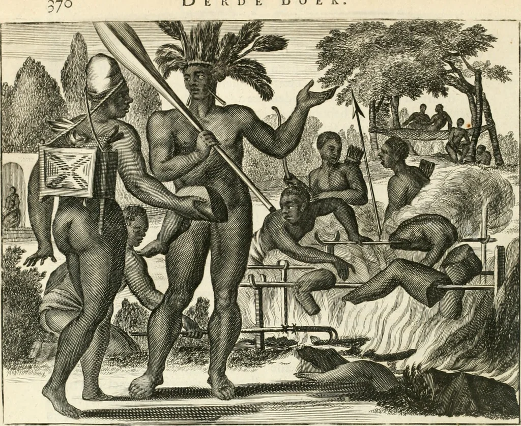 An illustration from De nieuwe en onbekende weereld, of, Beschryving van America en 't zuid-land : vervaetende d'oorsprong der Americaenen en zuid-landers, gedenkwaerdige togten derwaerds, gelegendheid der vaste kusten, eilanden, steden, sterkten, dorpen, tempels, bergen, fonteinen, stroomen, huisen, de natuur van beesten, boomen, planten en vreemde gewasschen, Gods-dienst en zeden, wonderlijke voorvallen, vereeuwde en nieuwe oorlogen: verciert met af-beeldsels na 't leven in America gemaekt,, 1671, leaf 451