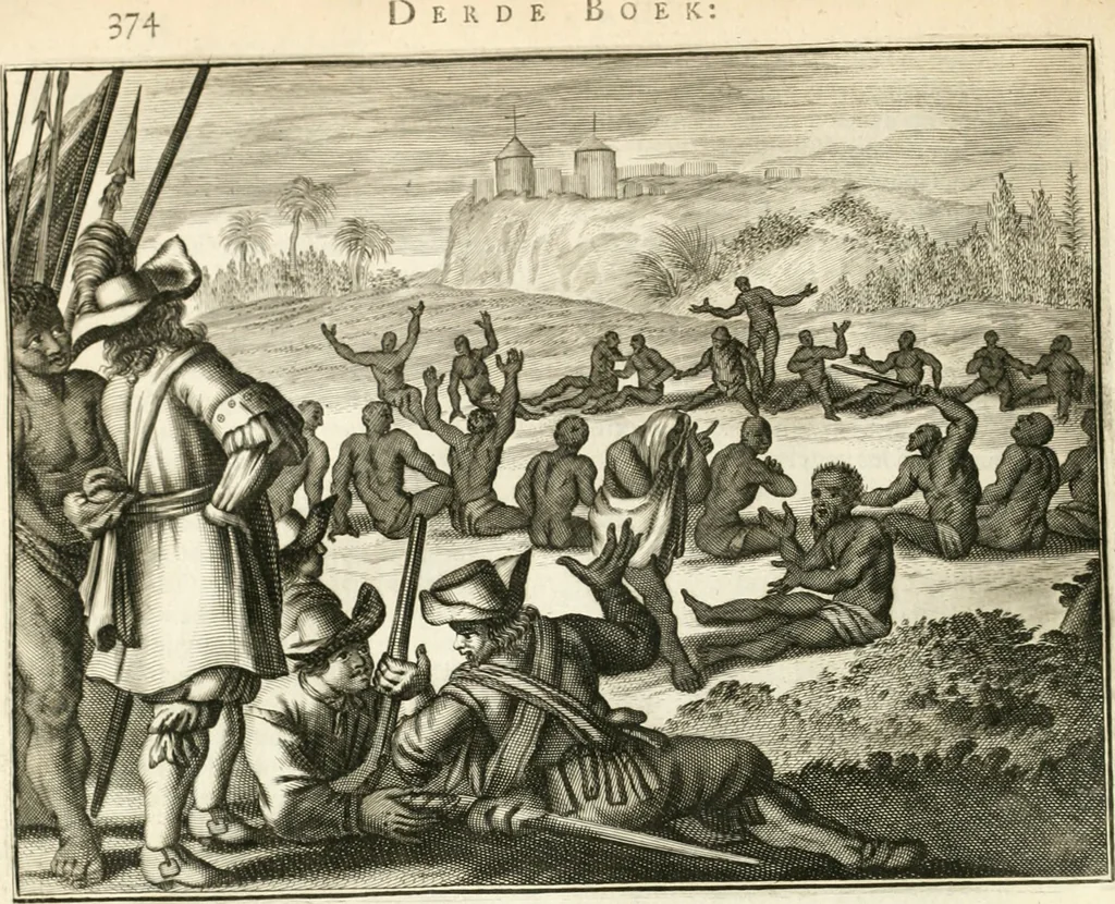 An illustration from De nieuwe en onbekende weereld, of, Beschryving van America en 't zuid-land : vervaetende d'oorsprong der Americaenen en zuid-landers, gedenkwaerdige togten derwaerds, gelegendheid der vaste kusten, eilanden, steden, sterkten, dorpen, tempels, bergen, fonteinen, stroomen, huisen, de natuur van beesten, boomen, planten en vreemde gewasschen, Gods-dienst en zeden, wonderlijke voorvallen, vereeuwde en nieuwe oorlogen: verciert met af-beeldsels na 't leven in America gemaekt,, 1671, leaf 455