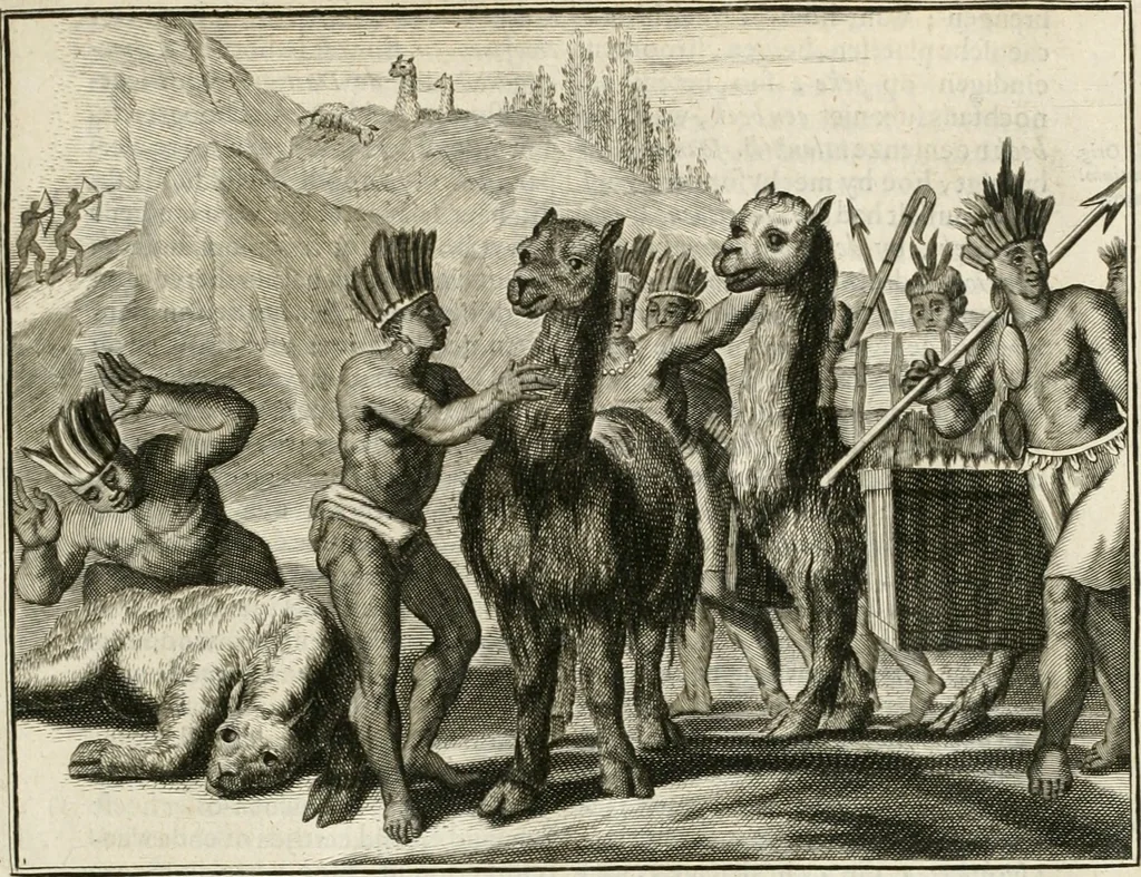 An illustration from De nieuwe en onbekende weereld, of, Beschryving van America en 't zuid-land : vervaetende d'oorsprong der Americaenen en zuid-landers, gedenkwaerdige togten derwaerds, gelegendheid der vaste kusten, eilanden, steden, sterkten, dorpen, tempels, bergen, fonteinen, stroomen, huisen, de natuur van beesten, boomen, planten en vreemde gewasschen, Gods-dienst en zeden, wonderlijke voorvallen, vereeuwde en nieuwe oorlogen: verciert met af-beeldsels na 't leven in America gemaekt,, 1671, leaf 46