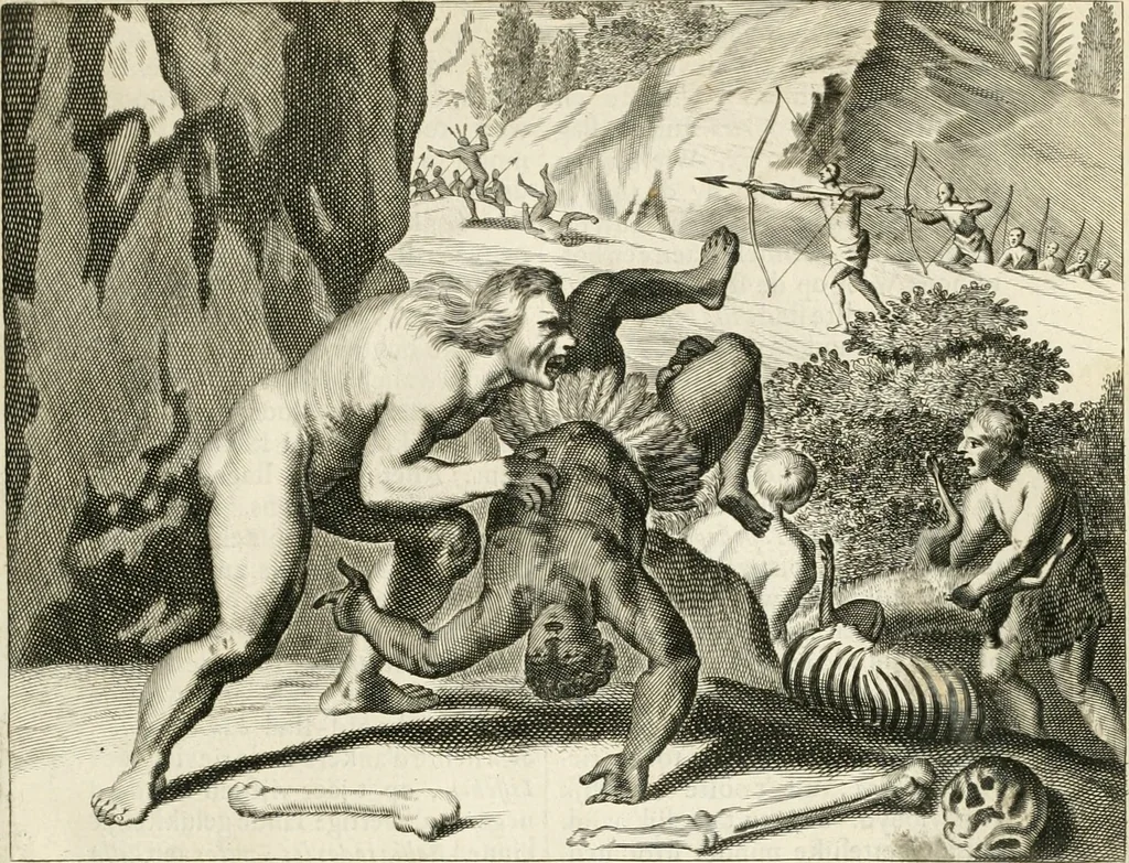 An illustration from De nieuwe en onbekende weereld, of, Beschryving van America en 't zuid-land : vervaetende d'oorsprong der Americaenen en zuid-landers, gedenkwaerdige togten derwaerds, gelegendheid der vaste kusten, eilanden, steden, sterkten, dorpen, tempels, bergen, fonteinen, stroomen, huisen, de natuur van beesten, boomen, planten en vreemde gewasschen, Gods-dienst en zeden, wonderlijke voorvallen, vereeuwde en nieuwe oorlogen: verciert met af-beeldsels na 't leven in America gemaekt,, 1671, leaf 464