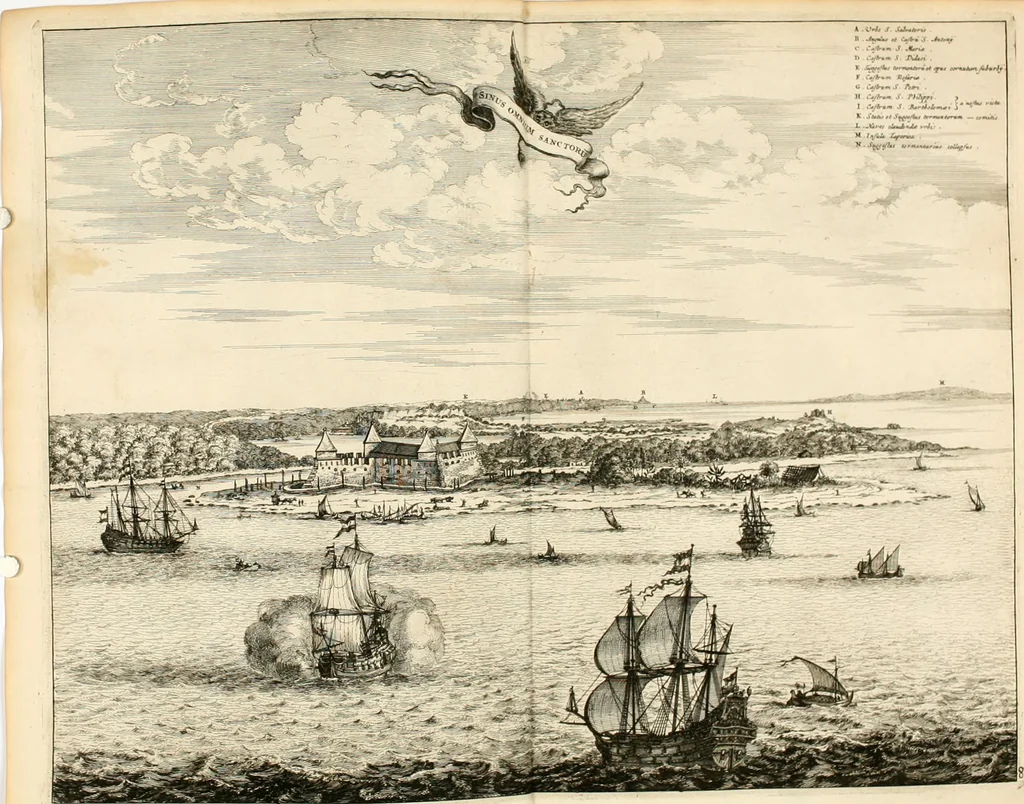 An illustration from De nieuwe en onbekende weereld, of, Beschryving van America en 't zuid-land : vervaetende d'oorsprong der Americaenen en zuid-landers, gedenkwaerdige togten derwaerds, gelegendheid der vaste kusten, eilanden, steden, sterkten, dorpen, tempels, bergen, fonteinen, stroomen, huisen, de natuur van beesten, boomen, planten en vreemde gewasschen, Gods-dienst en zeden, wonderlijke voorvallen, vereeuwde en nieuwe oorlogen: verciert met af-beeldsels na 't leven in America gemaekt,, 1671, leaf 467