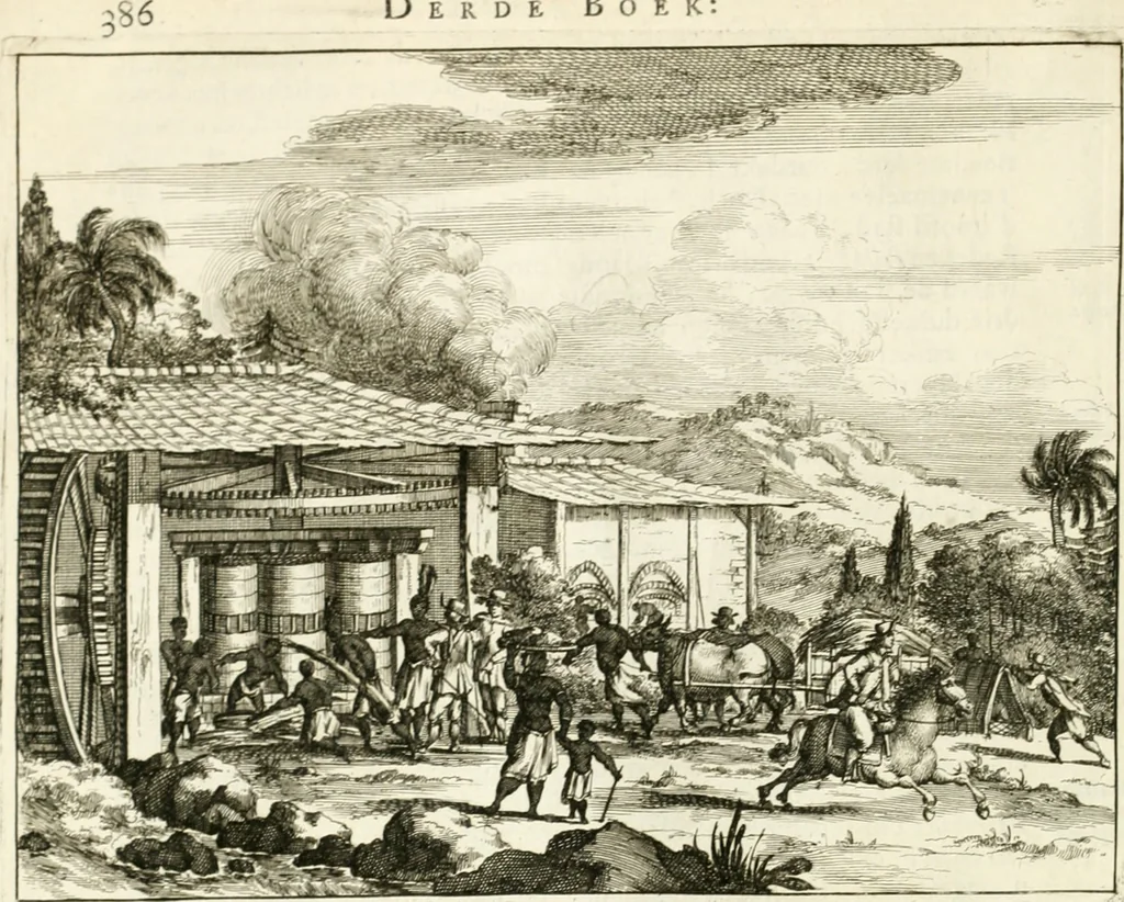 An illustration from De nieuwe en onbekende weereld, of, Beschryving van America en 't zuid-land : vervaetende d'oorsprong der Americaenen en zuid-landers, gedenkwaerdige togten derwaerds, gelegendheid der vaste kusten, eilanden, steden, sterkten, dorpen, tempels, bergen, fonteinen, stroomen, huisen, de natuur van beesten, boomen, planten en vreemde gewasschen, Gods-dienst en zeden, wonderlijke voorvallen, vereeuwde en nieuwe oorlogen: verciert met af-beeldsels na 't leven in America gemaekt,, 1671, leaf 469