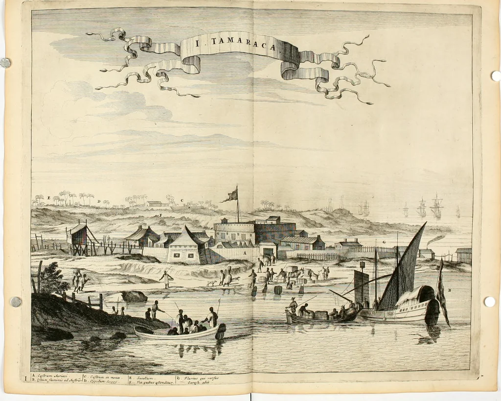 An illustration from De nieuwe en onbekende weereld, of, Beschryving van America en 't zuid-land : vervaetende d'oorsprong der Americaenen en zuid-landers, gedenkwaerdige togten derwaerds, gelegendheid der vaste kusten, eilanden, steden, sterkten, dorpen, tempels, bergen, fonteinen, stroomen, huisen, de natuur van beesten, boomen, planten en vreemde gewasschen, Gods-dienst en zeden, wonderlijke voorvallen, vereeuwde en nieuwe oorlogen: verciert met af-beeldsels na 't leven in America gemaekt,, 1671, leaf 477