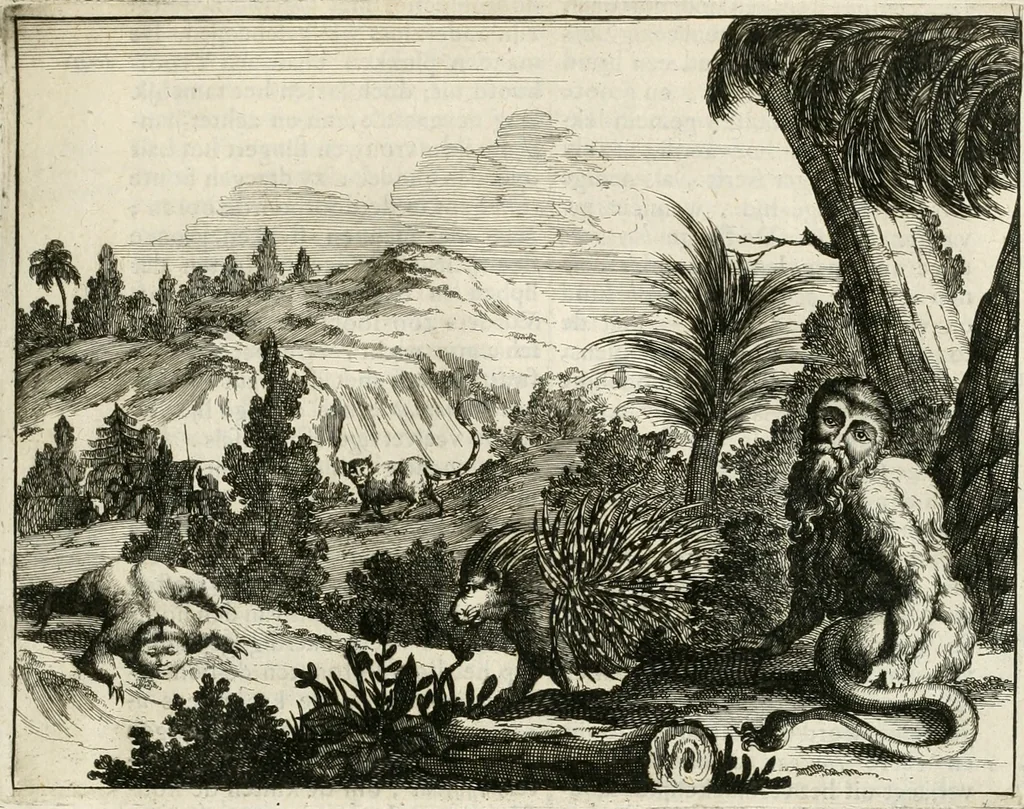 An illustration from De nieuwe en onbekende weereld, of, Beschryving van America en 't zuid-land : vervaetende d'oorsprong der Americaenen en zuid-landers, gedenkwaerdige togten derwaerds, gelegendheid der vaste kusten, eilanden, steden, sterkten, dorpen, tempels, bergen, fonteinen, stroomen, huisen, de natuur van beesten, boomen, planten en vreemde gewasschen, Gods-dienst en zeden, wonderlijke voorvallen, vereeuwde en nieuwe oorlogen: verciert met af-beeldsels na 't leven in America gemaekt,, 1671, leaf 484