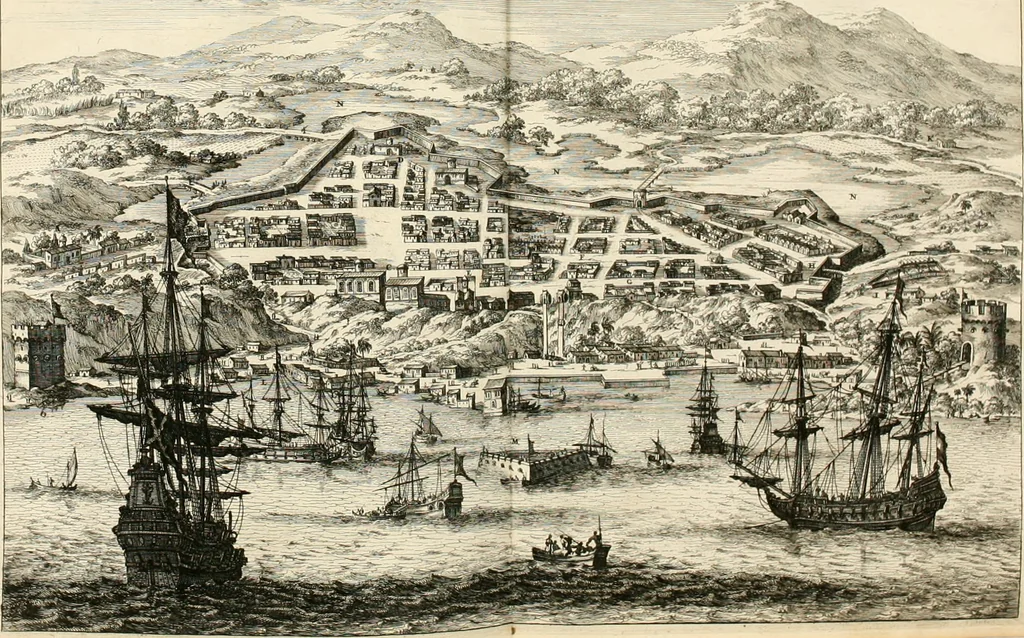 An illustration from De nieuwe en onbekende weereld, of, Beschryving van America en 't zuid-land : vervaetende d'oorsprong der Americaenen en zuid-landers, gedenkwaerdige togten derwaerds, gelegendheid der vaste kusten, eilanden, steden, sterkten, dorpen, tempels, bergen, fonteinen, stroomen, huisen, de natuur van beesten, boomen, planten en vreemde gewasschen, Gods-dienst en zeden, wonderlijke voorvallen, vereeuwde en nieuwe oorlogen: verciert met af-beeldsels na 't leven in America gemaekt,, 1671, leaf 491