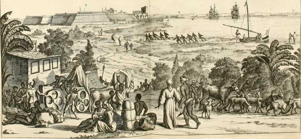 An illustration from De nieuwe en onbekende weereld, of, Beschryving van America en 't zuid-land : vervaetende d'oorsprong der Americaenen en zuid-landers, gedenkwaerdige togten derwaerds, gelegendheid der vaste kusten, eilanden, steden, sterkten, dorpen, tempels, bergen, fonteinen, stroomen, huisen, de natuur van beesten, boomen, planten en vreemde gewasschen, Gods-dienst en zeden, wonderlijke voorvallen, vereeuwde en nieuwe oorlogen: verciert met af-beeldsels na 't leven in America gemaekt,, 1671, leaf 515