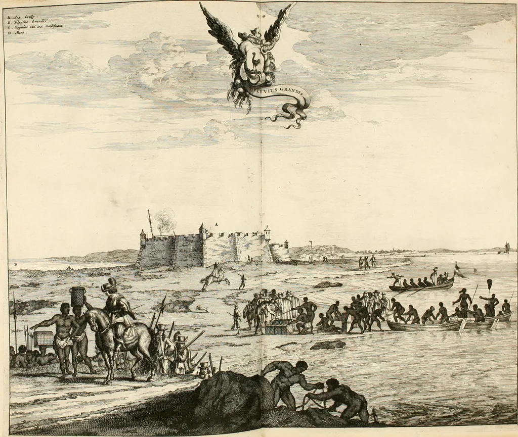 An illustration from De nieuwe en onbekende weereld, of, Beschryving van America en 't zuid-land : vervaetende d'oorsprong der Americaenen en zuid-landers, gedenkwaerdige togten derwaerds, gelegendheid der vaste kusten, eilanden, steden, sterkten, dorpen, tempels, bergen, fonteinen, stroomen, huisen, de natuur van beesten, boomen, planten en vreemde gewasschen, Gods-dienst en zeden, wonderlijke voorvallen, vereeuwde en nieuwe oorlogen: verciert met af-beeldsels na 't leven in America gemaekt,, 1671, leaf 519