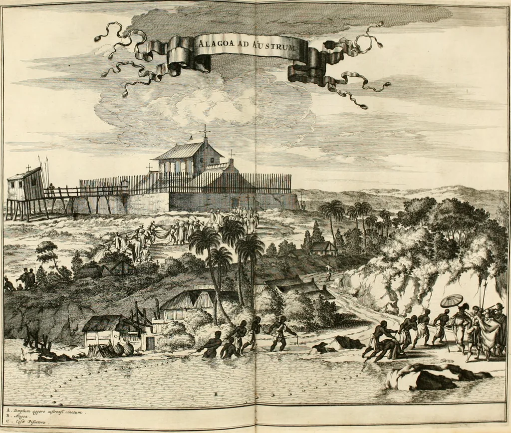 An illustration from De nieuwe en onbekende weereld, of, Beschryving van America en 't zuid-land : vervaetende d'oorsprong der Americaenen en zuid-landers, gedenkwaerdige togten derwaerds, gelegendheid der vaste kusten, eilanden, steden, sterkten, dorpen, tempels, bergen, fonteinen, stroomen, huisen, de natuur van beesten, boomen, planten en vreemde gewasschen, Gods-dienst en zeden, wonderlijke voorvallen, vereeuwde en nieuwe oorlogen: verciert met af-beeldsels na 't leven in America gemaekt,, 1671, leaf 533