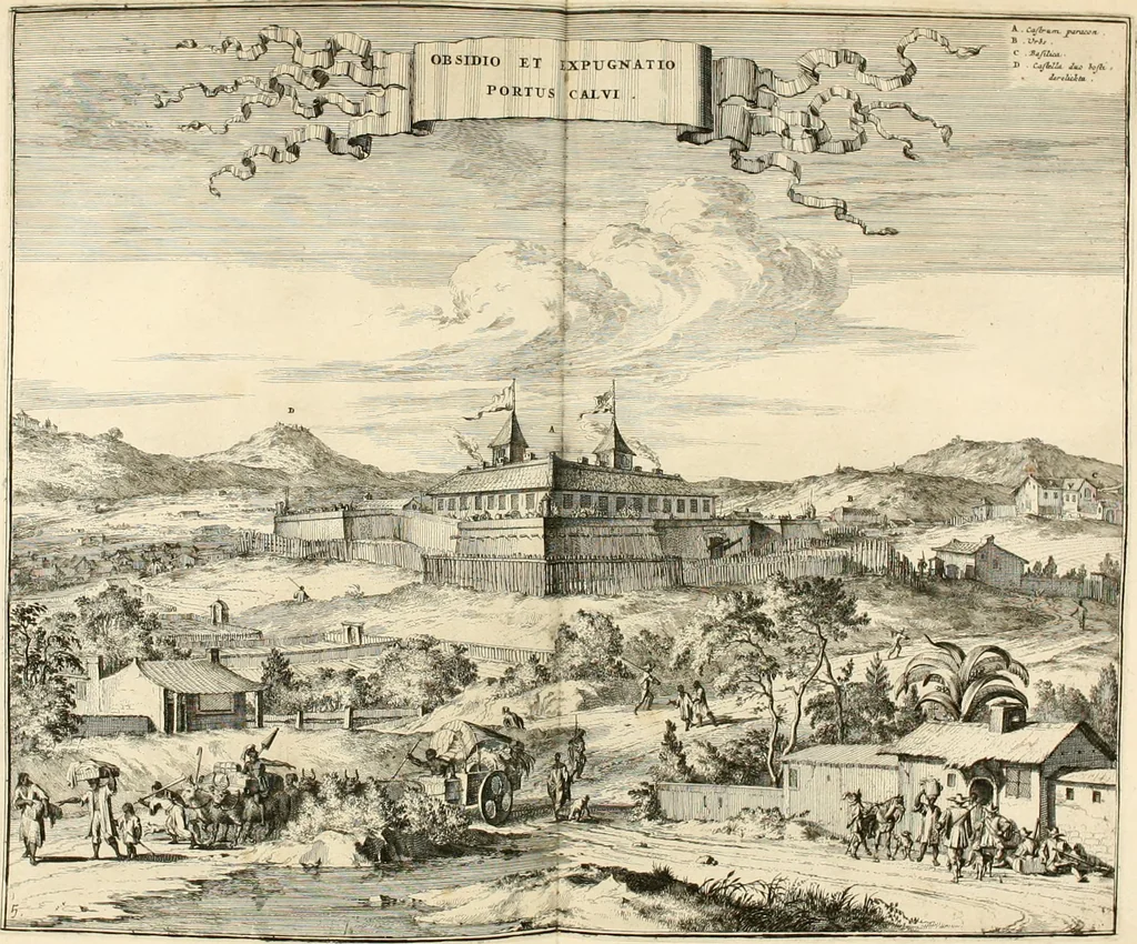 An illustration from De nieuwe en onbekende weereld, of, Beschryving van America en 't zuid-land : vervaetende d'oorsprong der Americaenen en zuid-landers, gedenkwaerdige togten derwaerds, gelegendheid der vaste kusten, eilanden, steden, sterkten, dorpen, tempels, bergen, fonteinen, stroomen, huisen, de natuur van beesten, boomen, planten en vreemde gewasschen, Gods-dienst en zeden, wonderlijke voorvallen, vereeuwde en nieuwe oorlogen: verciert met af-beeldsels na 't leven in America gemaekt,, 1671, leaf 551