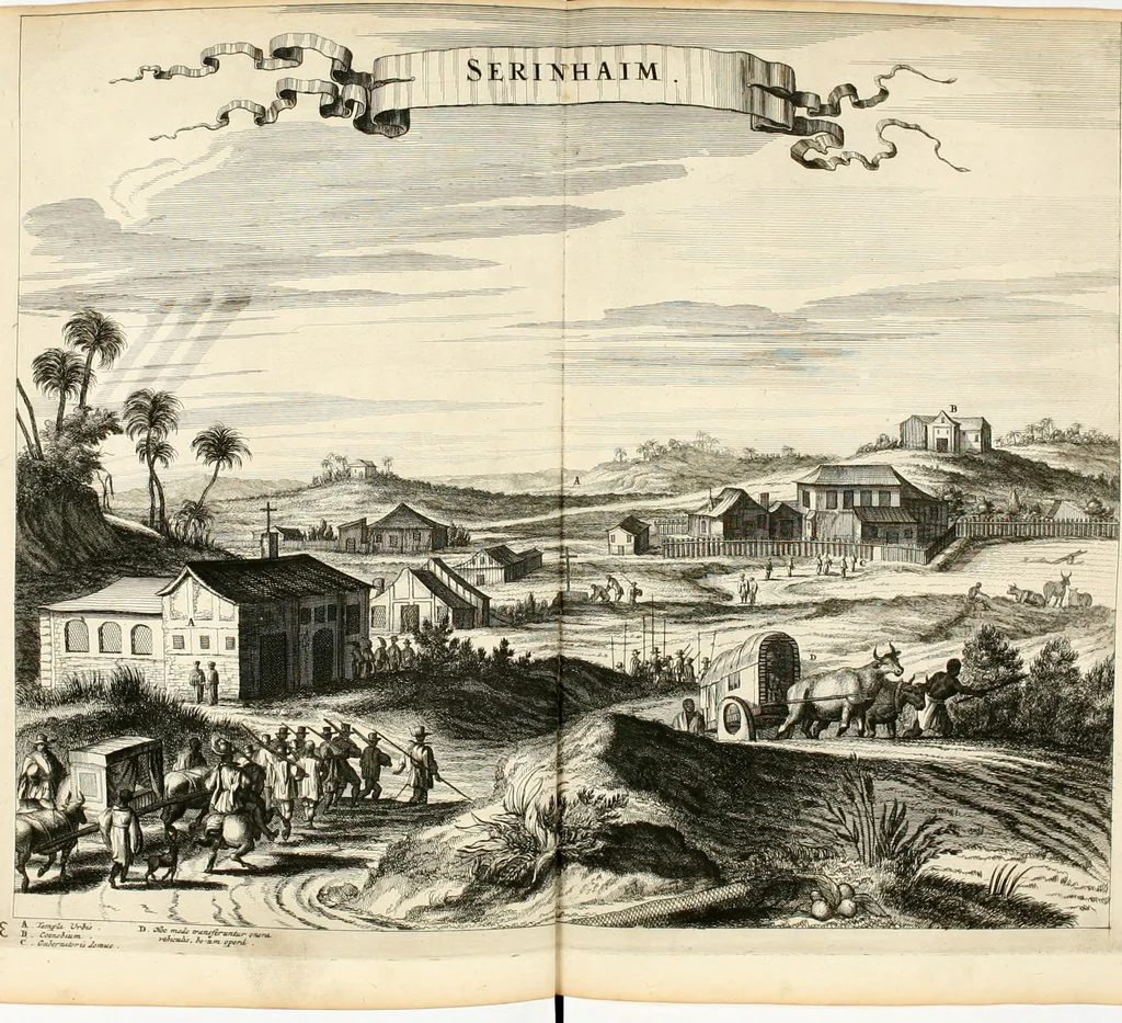 An illustration from De nieuwe en onbekende weereld, of, Beschryving van America en 't zuid-land : vervaetende d'oorsprong der Americaenen en zuid-landers, gedenkwaerdige togten derwaerds, gelegendheid der vaste kusten, eilanden, steden, sterkten, dorpen, tempels, bergen, fonteinen, stroomen, huisen, de natuur van beesten, boomen, planten en vreemde gewasschen, Gods-dienst en zeden, wonderlijke voorvallen, vereeuwde en nieuwe oorlogen: verciert met af-beeldsels na 't leven in America gemaekt,, 1671, leaf 559