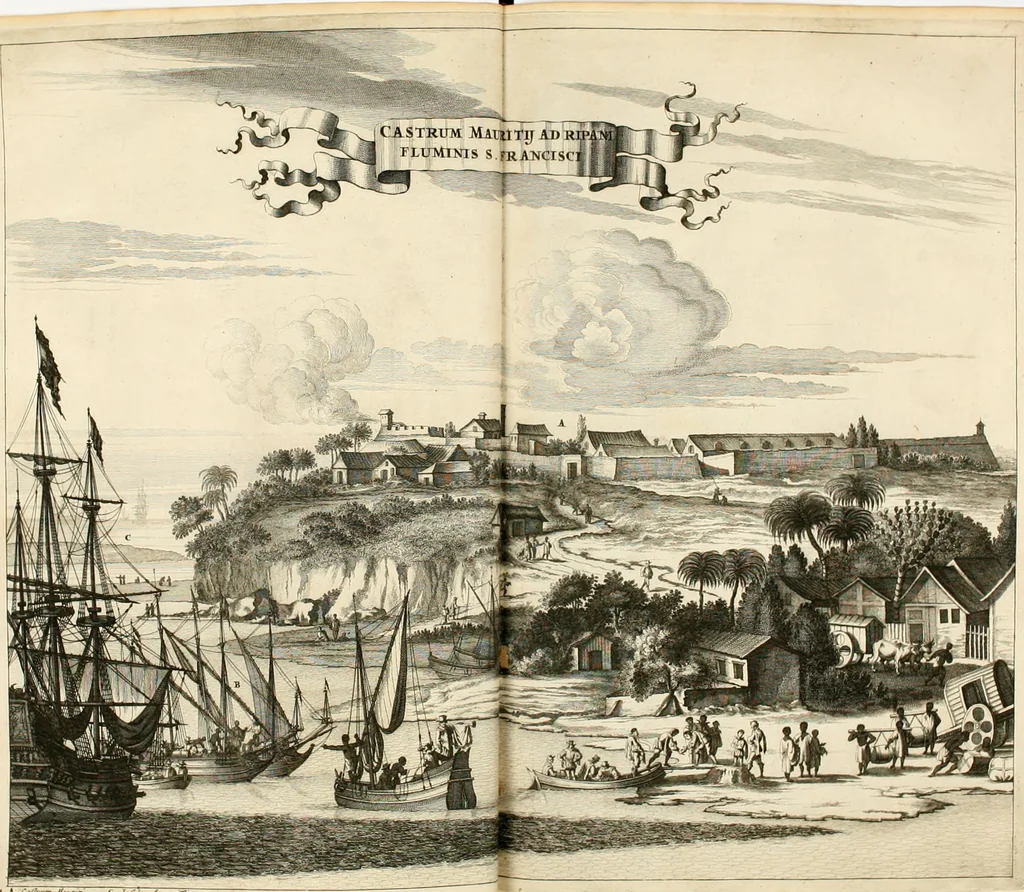 An illustration from De nieuwe en onbekende weereld, of, Beschryving van America en 't zuid-land : vervaetende d'oorsprong der Americaenen en zuid-landers, gedenkwaerdige togten derwaerds, gelegendheid der vaste kusten, eilanden, steden, sterkten, dorpen, tempels, bergen, fonteinen, stroomen, huisen, de natuur van beesten, boomen, planten en vreemde gewasschen, Gods-dienst en zeden, wonderlijke voorvallen, vereeuwde en nieuwe oorlogen: verciert met af-beeldsels na 't leven in America gemaekt,, 1671, leaf 567